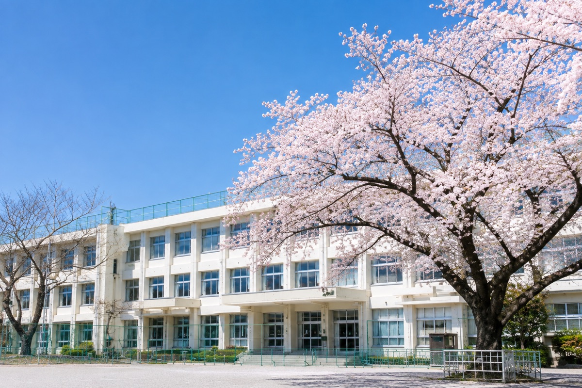 桜の咲く校舎の外観